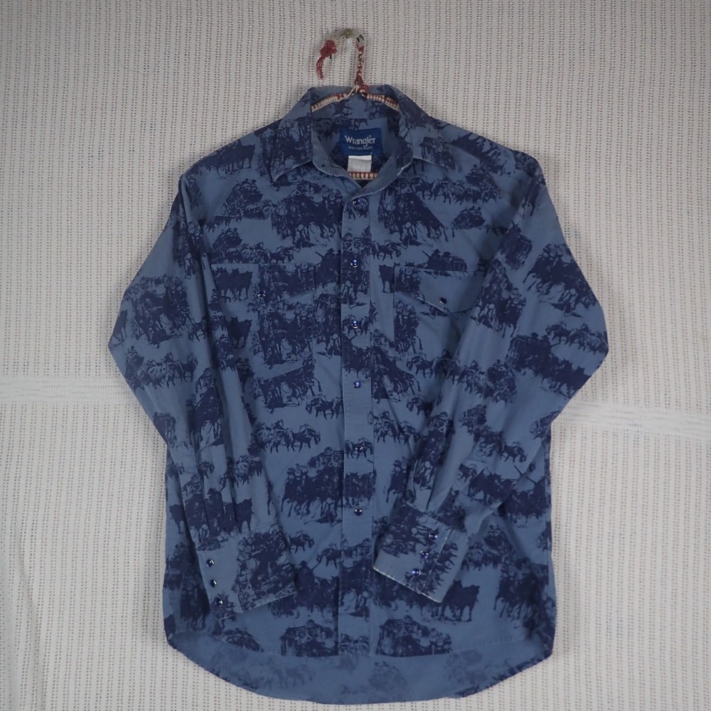 Vintage Wrangler Mens Western Pearl Snap Shirt Horseback Covered Wagon Size: M